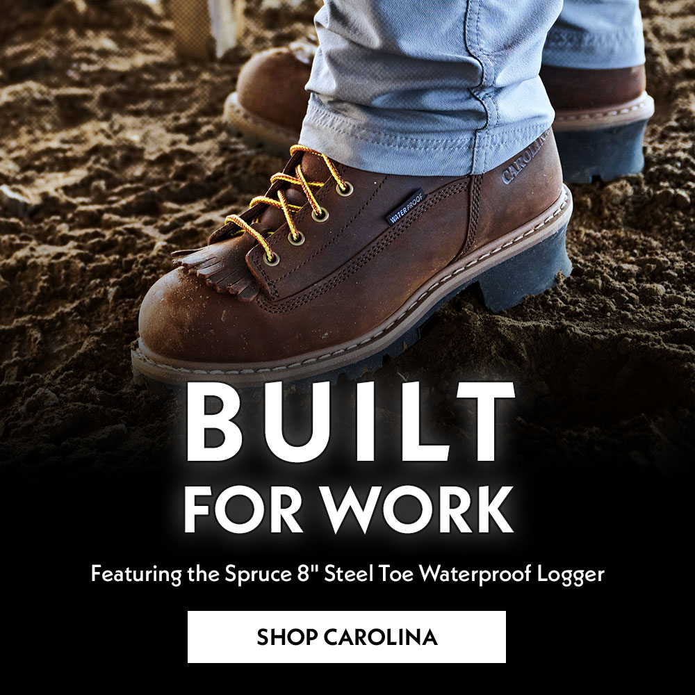 Built for Work. Featuring the Spruce 8" Steel Toe Waterproof Logger. Shop Carolina. A man wearing the Spruce 8" Steel Toe Waterproof Logger boot in brown.